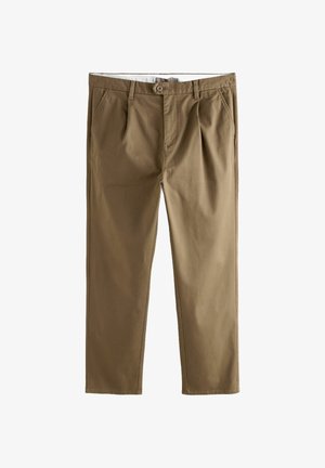 Khaki chinos s ravnim krojem, ki vključujejo dva sprednja nabora, gumb za zapiranje in stranske žepe. Narejeni so iz gladkega bombažnega mešanega materiala.