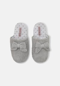 Gray corduroy slippers with a bow accent and a polka dot lining. The interior features a soft texture for comfort and warmth.