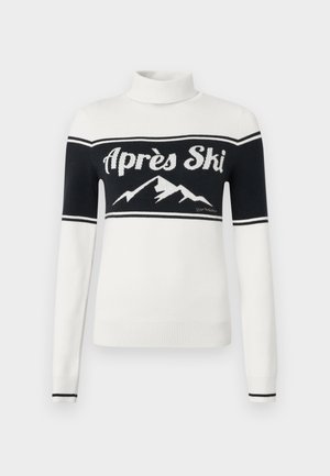 Baltas golfas megztinis su juoda viršutine dalimi, „Après Ski“ tekstu ir kalnų grafika ant krūtinės, su ribinėtomis rankogaliais ir apačia.