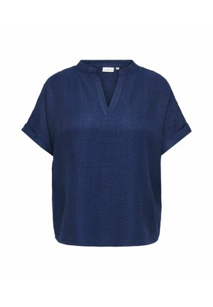 Bluză din in, albastru marin, cu mâneci scurte, manșete rulate și guler în V cu o mică bandă ridicată.