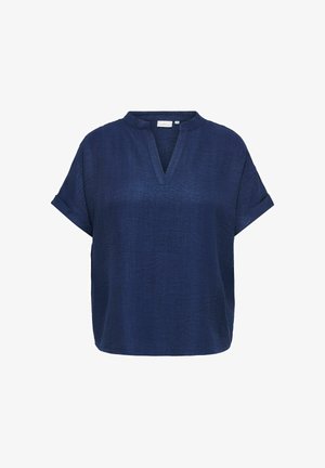 Bluză din in, albastru marin, cu mâneci scurte, manșete rulate și guler în V cu o mică bandă ridicată.