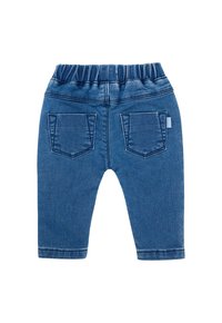 Denim broek in medium blauw met een elastische tailleband, twee achterzakken en een gladde textuur. Strak ontwerp met taps toelopende pijpen.