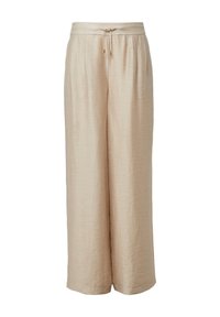 Beige wijde broek gemaakt van textiel met structuur. Voorzien van een elastische tailleband met een trekkoord, wat zorgt voor een ontspannen pasvorm.