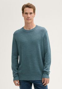 Herrenpullover, Strickstoff in Tannengrün, runder Ausschnitt, lange Ärmel, gerippte Bündchen und Saum, lockere Passform, minimale Nähte, glatte Textur.