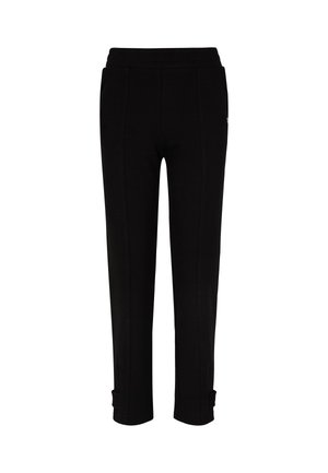 Black pants with a comfortable elastic waistband, tapered design, side seam stitch detailing, and adjustable cuffs at the hem.