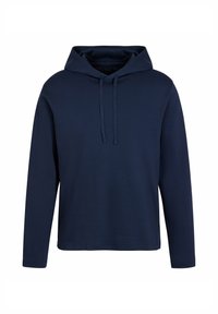 Felpa con cappuccio a maniche lunghe di colore blu navy, con cordino, texture a coste e vestibilità rilassata, su sfondo bianco.