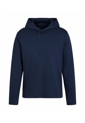 Navy-blauer Hoodie mit langen Ärmeln, Kordelzug, gerippter Struktur und lockerer Passform auf weißem Hintergrund.