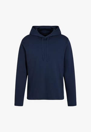 Navy-blauer Hoodie mit langen Ärmeln, Kordelzug, gerippter Struktur und lockerer Passform auf weißem Hintergrund.