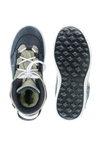 Blauwe en grijze hoge schoenen met een textuurstof bovenwerk, contrasterende veters, gevoerde binnenkant en een gestructureerde zwarte rubberen zool.