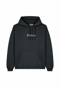 Hoodie noir avec une poche kangourou, arborant le mot "Divin" en texte blanc sur le devant. Fabriqué à partir d'un tissu doux, avec un capuchon à cordon de serrage.