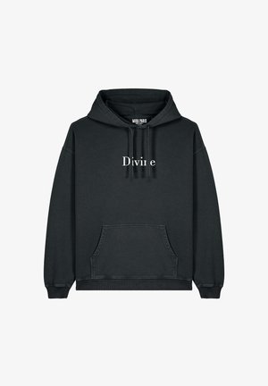 Zwarte hoodie met een kangoeroezak, met het woord "Divine" in witte letters op de voorkant. Gemaakt van zachte stof, met een capuchon met trekkoord.