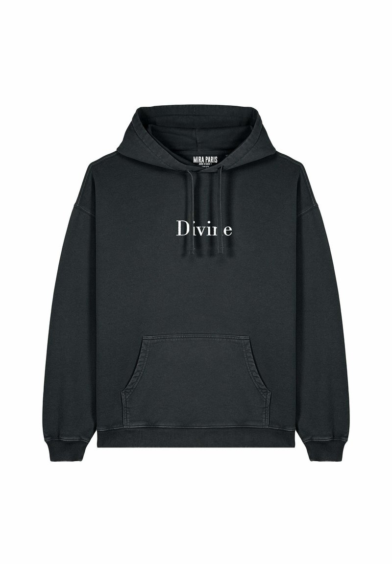 Hoodie noir avec une poche kangourou, arborant le mot "Divin" en texte blanc sur le devant. Fabriqué à partir d'un tissu doux, avec un capuchon à cordon de serrage.