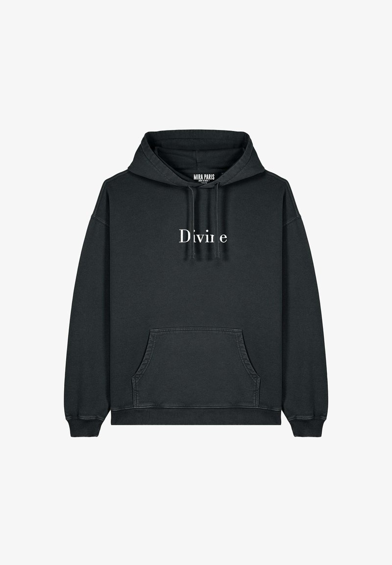 Hoodie noir avec une poche kangourou, arborant le mot "Divin" en texte blanc sur le devant. Fabriqué à partir d'un tissu doux, avec un capuchon à cordon de serrage.
