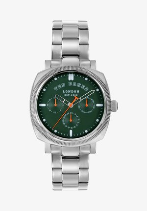 Zilveren metalen horloge met een groen wijzerplaat, witte en oranje accenten, en drie subdials. Heeft een gestructureerde bezel en een schakeltjesband.