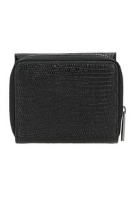 Zwarte portemonnee met een textuur van reptielhuid. Voorzien van een ritssluiting en metalen hardware. Compact rechthoekig formaat.