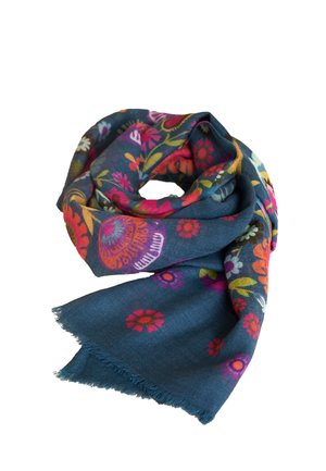 Blaues Tuch mit floralen Mustern in Pink, Orange, Gelb und Weiß; weiche Textur mit Fransenrand; leichtgewichtiges und vielseitiges Design.
