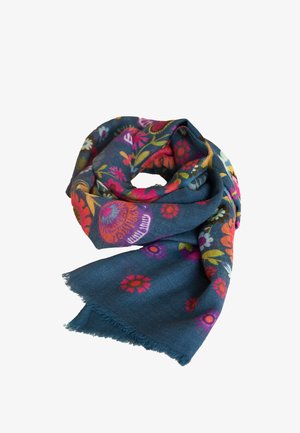 Blaues Tuch mit floralen Mustern in Pink, Orange, Gelb und Weiß; weiche Textur mit Fransenrand; leichtgewichtiges und vielseitiges Design.