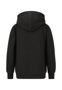 Mustapaita, jossa on huppu, pitkät hihat, ribbireunat hihansuissa ja vyötäröllä, näkyy takaa valkoista taustaa vasten.