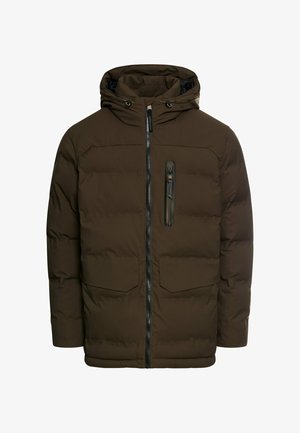 Brązowa kurtka puchowa z kapturem, zamkiem z przodu i dwoma dużymi bocznymi kieszeniami. Posiada małą kieszonkę na zamek na piersi. Lekka, pikowana tkanina.