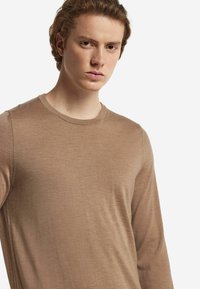 Långärmad brun skjorta i mjukt tyg med rund halsringning, slät textur och subtila sömnadsdetaljer. Inga synliga mönster eller accenter.