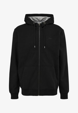 Černá zipovaná mikina s šedým vnitřním podšívem, nastavitelné stahovací šnůrky, boční kapsy, žebrované manžety a diskrétní branding na hrudi.