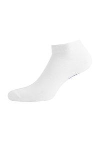Chaussette blanche mi-mollet avec poignet côtelé et orteil sans couture, présentée sur une forme de pied sur fond blanc.