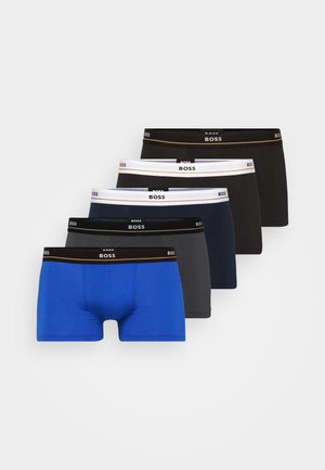 Five pairs of boxer briefs in various colors: blue, dark gray, black, navy, and charcoal, featuring "BOSS" branding on the elastic waistband.