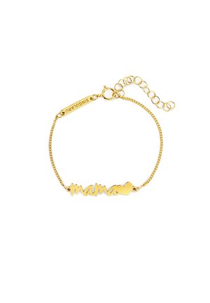Gouden armband met ketting en de tekst "mama" en een hartvormige uitsnede, voorzien van verstelbare schakels en een klein gegraveerd label met de tekst "SINGULARU".