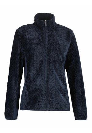 Marineblauwe jas met hoge kraag, met een gestructureerd, zacht fleece lichaam met een vissengraatpatroon en contrasterende gladde zijpanelen.