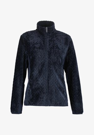Marineblauwe jas met hoge kraag, met een gestructureerd, zacht fleece lichaam met een vissengraatpatroon en contrasterende gladde zijpanelen.