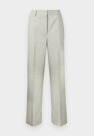 Hele hallid volditud püksid tekstureeritud kangast, millel on sirge sääre disain ja lapik vöökoht, ilma nähtavate sulgudeta.