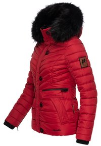 Red puffer jacket with a detachable black faux fur hood, zippered and button pockets, ribbed cuffs, and diagonal quilted design.