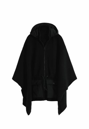 Schwarzer Poncho-ähnlicher Oberbekleidungsartikel mit Reißverschluss vorne, Kapuze und strukturiertem Strick-Oberteil. Verfügt über zwei große Fronttaschen und einen verstellbaren Taillenbund.