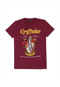 Bordeaux bavlněné tričko s erbem Gryffindoru a lvem, červenými a žlutými akcenty, a textem "Tým Quidditch" a "Vlastnictví Bradavic."