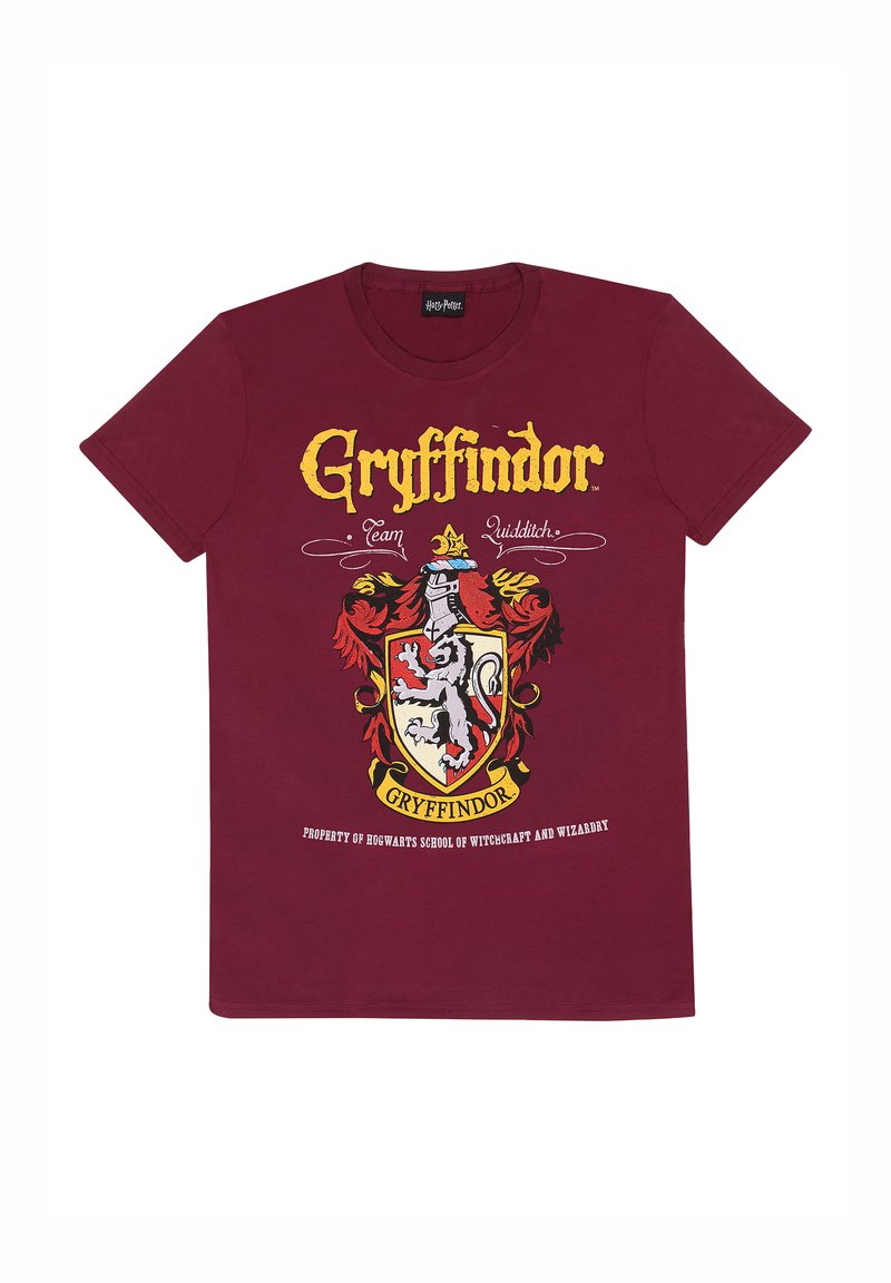 Bordeaux bavlněné tričko s erbem Gryffindoru a lvem, červenými a žlutými akcenty, a textem "Tým Quidditch" a "Vlastnictví Bradavic."