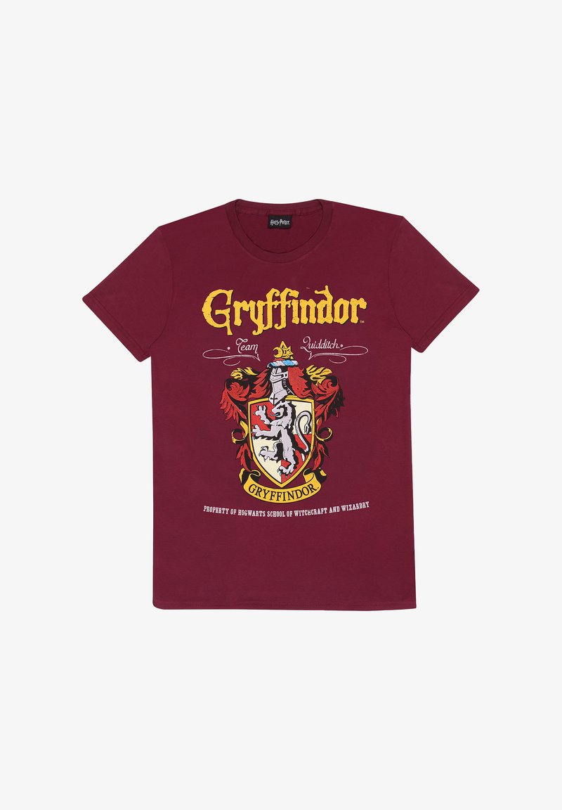 Bordeaux bavlněné tričko s erbem Gryffindoru a lvem, červenými a žlutými akcenty, a textem "Tým Quidditch" a "Vlastnictví Bradavic."