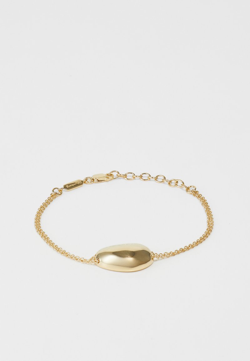 Gouden armband met een gladde, ovale centerpiece en een gestructureerde, fijne ketting. Inclusief een sluiting met een merketiket.