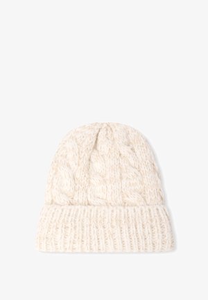 Berretto a maglia in bianco sporco con motivo a treccia, fondo a coste e texture morbida. Perfetto per tenere caldi durante il freddo.