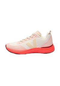 Lightweight athletic shoes with a white mesh upper, pink accents, and a textured red rubber sole. Features lace closure and logo detail.