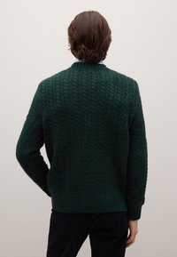 Maglione lavorato a maglia verde scuro con un motivo a trecce testurizzato, polsini e orlo a coste. Vista dal retro, che mostra il design del colletto.