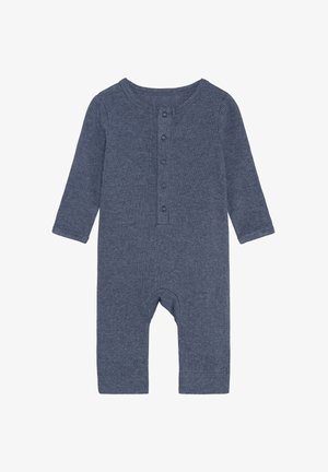 Body a maniche lunghe in tessuto a coste blu scuro, con scollo rotondo e chiusura frontale con cinque bottoni. Design con piedi scoperti per il massimo comfort.