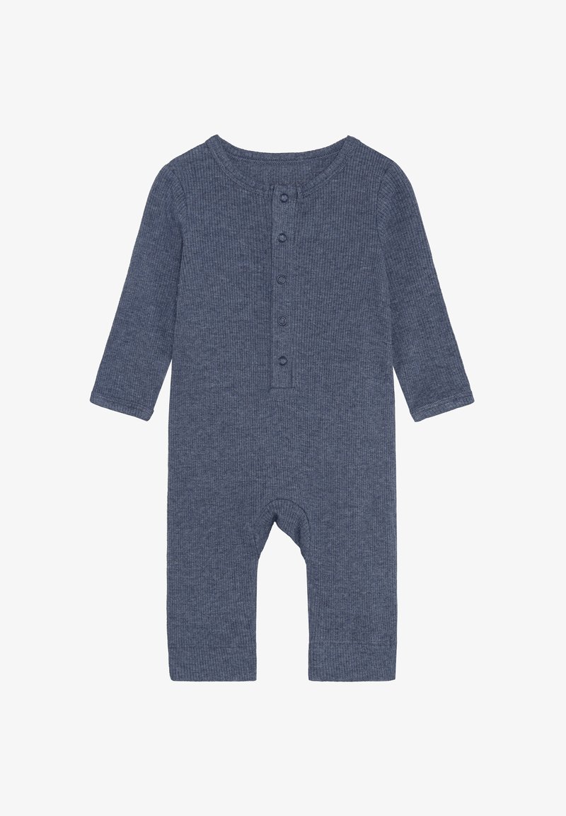 Body z długim rękawem w ciemnoniebieskim prążkowanym materiale, z okrągłym dekoltem i zapięciem na pięć guzików z przodu. Otwarty fason na stopy dla zapewnienia komfortu.