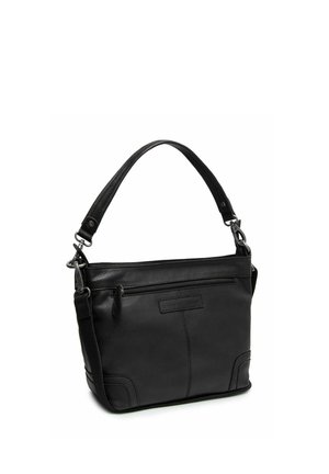 Sac à main en cuir noir avec une anse unique sur le dessus, poche zippée à l'avant et bandoulière amovible sur fond blanc.