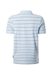 Lichtblauw poloshirt met horizontale marineblauwe strepen. Voorzien van een kraag en korte mouwen, gemaakt van een gladde, gestructureerde stof.