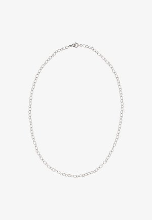 Collana a catena in metallo argentato con maglie ovali, una chiusura semplice e rotonda, e una finitura liscia e lucida. La lunghezza è regolabile.