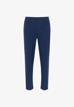 Jūras zila bikses ar pielāgotu dizainu, ar pogu aizdari un diviem priekšējiem krokām. Gluda tekstūra un sašaurināts kāju piegriezums.