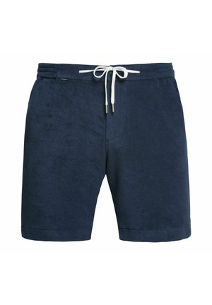 Marineblaue Shorts aus einem weichen, texturierten Stoff, ausgestattet mit einem elastischen Bund und einem weißen Kordelzug mit Metallspitzen.