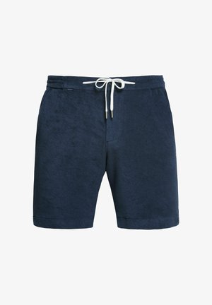 Shorts bleu marine en tissu doux et texturé, avec une taille élastique et un cordon de serrage blanc avec des embouts en métal.