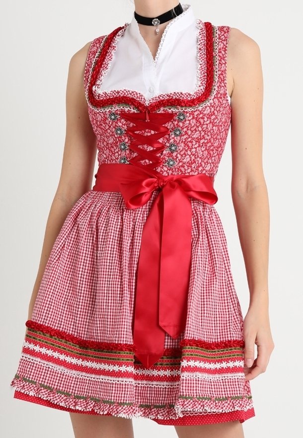 Červené a bílé kostkované dirndl šaty s květinovým korpusem, šněrováním vpředu a širokou červenou saténovou stuhou v pase, zdobené složitými vzory.