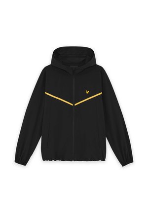 Veste noire à capuche avec fermeture éclair, poignets élastiques, bandes chevrons jaunes et un petit logo d'oiseau jaune sur la poitrine.